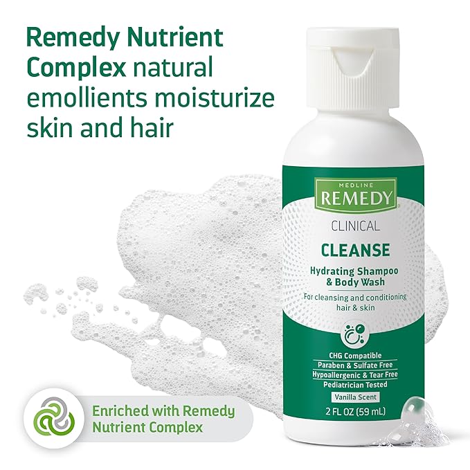 Medline Remedy Clinical Hydrating Shampoo &amp Body Wash (2 fl oz) 96 Count Vanilla Scent Cleanser No-Rinse Adults Kids Shower Or Bedside Dimethicone Sulfate Free