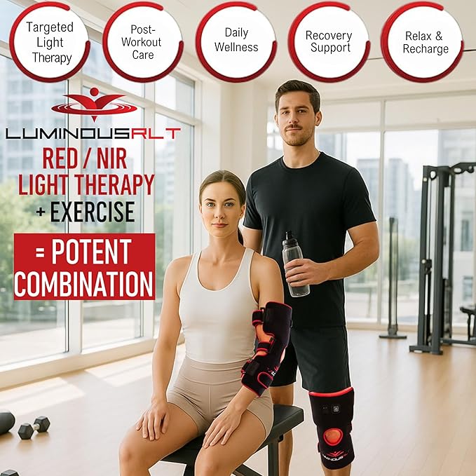 LuminousRLT Red Light Therapy Knee Pad – Adjustable Infrared Knee &amp Elbow Wrap with Auto-Off Timer 180 Red &amp Near-Infrared LEDs