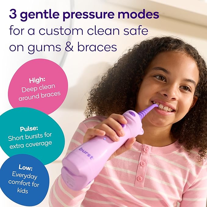 BURST Kids Water Flosser (Unicorn) | Cordless &amp Rechargeable Water Flosser for Teeth | 3 Gentle Pressure Modes | Silicone Safety Tip | Braces-Friendly | Fun Kid-Safe Design | 155mL Water Tank