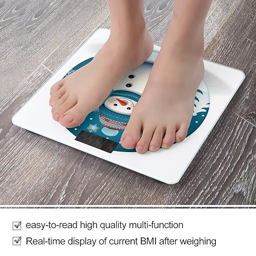 Lovely Christmas Cartoon Skiing Snowman Snowflake Scale for Body Weight High Precision Digital Weight Scales with LCD Display Anti-Slip Sturdy Slim Tempered Glass Bathroom Scale for Home Use