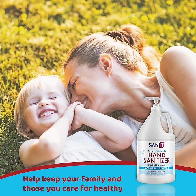 Sanit Moisturizing Hand Sanitizer Gel 70% Alcohol - Kills 99.99% Germs Advanced Formula with Vitamin E and Aloe Vera - Soothing Gel Fresh Scent Made in USA - 1 Gallon with Pump &amp 2oz Refill Bot