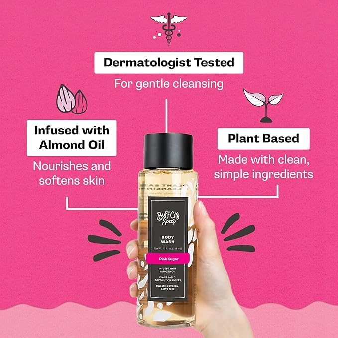 Buff City Soap Plant-Based Body Wash Duo – Coconut Cleansers &amp Almond Oil Infused Body Wash in Narcissist &amp Pink Sugar 12 fl oz Each Gentle Non-Drying Cleanse