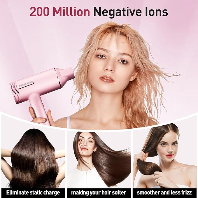 Hair Dryer High-Speed Ionic Blow Dryer Powerful 1600 Watt Motor for Fast Drying and Straight &amp Wavy Hair Foldable Lightweight Hairdryer with Magnetic Suction Nozzle for Home Salon Travel