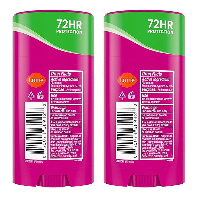 Lume Deodorant Plus Sweat Control - Smooth Solid Stick - Maximum Strength Antiperspirant - 72 Hour Odor And Sweat Control - Baking Soda Free Skin Loving - 2.6 ounce (Fresh Spring) Pack of 2