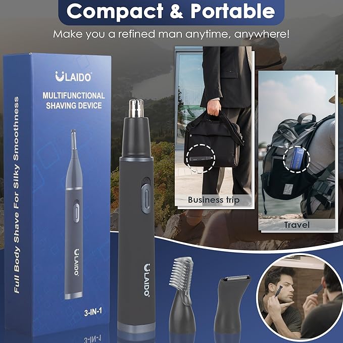 Nose Hair Trimmer for Men Painless 3 in 1 Grooming Kit for Nose Ear Eyebrow &amp Body Hair Rechargeable No Pull No Snag Trimming with 3 Waterproof Replacement Heads Easy Cleansing