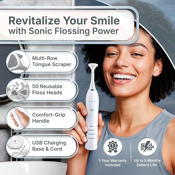 Electric Flosser Kit with Tongue Scraper | No Water No Mess | Easy Gliding Dental Floss for Gentle Gum Care | Cordless Sonic Power | 50 Replaceable Heads [Glacier White]