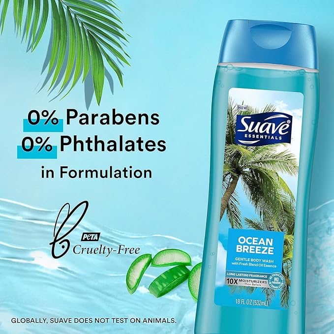 Suave Moisturizing Body Wash with Ocean Breeze Scent and Vitamin E Extract No Parabens No Phtahaltes 18 Oz Pack of 6