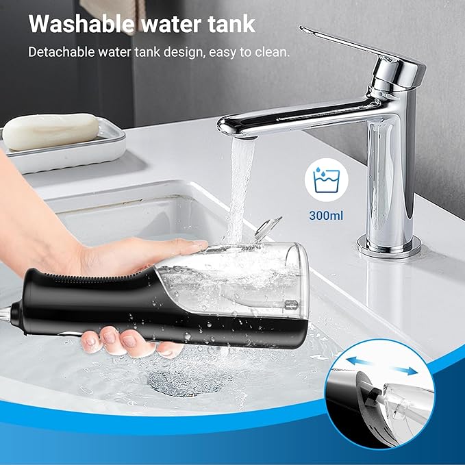 Cordless Oral Irrigator Water Flosser for Teeth Gums &amp Braces - 4 Modes 300ML Tank 360° Rotatable Nozzle IPX7 Waterproof USB Rechargeable 2000mAh Battery for Home &amp Travel (M149 Pro - Bla