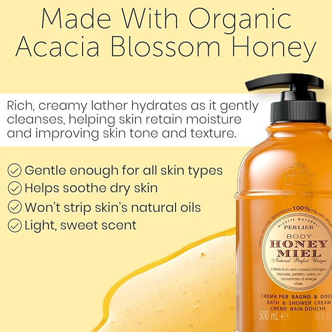 Perlier – Honey Bath Cream 16.9 oz – Nourishing Italian Honey Bath &amp Shower Cleanser Moisturizing Body Wash for Silky Soft Skin Rich Creamy Lather with Natural Humectants