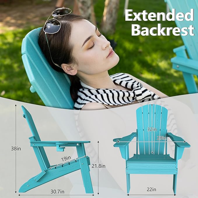 Plawdlik Folding Adirondack Chair Set of 6 with Cup HolderWooden Textured Heavy All-Weather HDPE Comfortable Set Poolside Backyard Lawn Aruba Blue