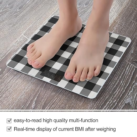 Black and White Plaid Scale for Body Weight Anti-Slip Tempered Glass Digital Bathroom Scales Clear LCD Display Weighing Scale Safe Rounded Corners Smart Scales
