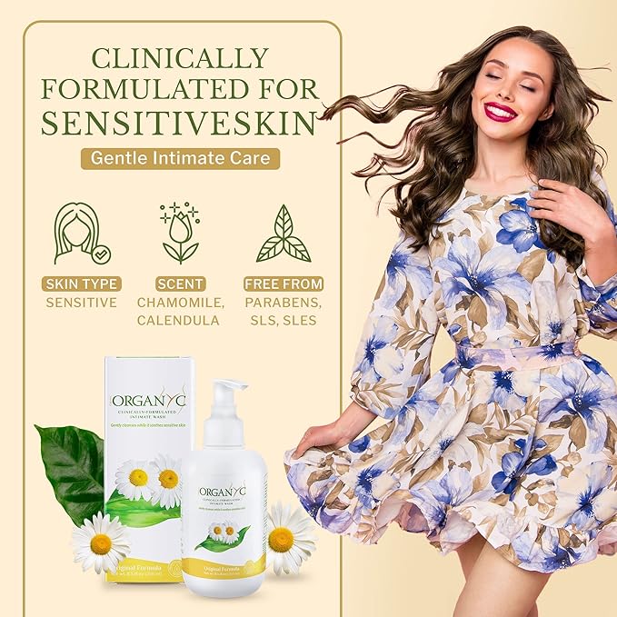 Organyc - Feminine Intimate Wash for Sensitive Skin - Free from Chlorine Parabens SLSSLES and Synthetic Perfumes - 8.5 Fl Oz with Chamomile +Tea-Tree + Lavender