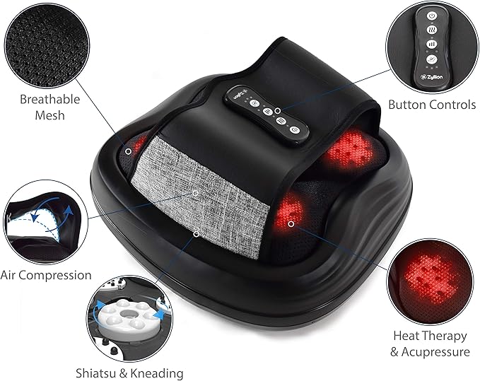 Zyllion Shiatsu Foot Massager with Heat - Deep Tissue Kneading Rolling Massage Machine with Air Compression for Feet Plantar Fasciitis and Up to Size 13 - Black (ZMA-31-BK)