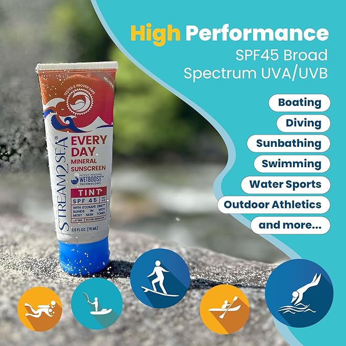 SPF 45 Every Day Tint Mineral Sunscreen | 2.5 Fl Oz Biodegradable Paraben Free &amp Reef Safe | Non-Greasy Tinted Sunscreen For Face &amp Body Protection Against UVA &amp UVB