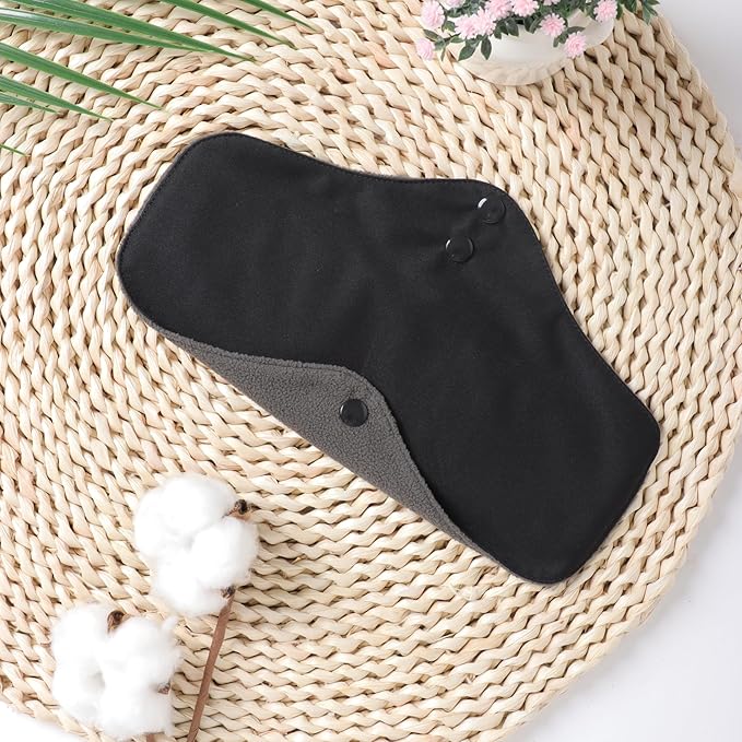 10 pcs Black Color with Black Snaps Reusable Sanitary Pads - Cloth Sanitary Pads | Light Incontinence Pads | Reusable Menstrual Pads (10pcs-M-Black)