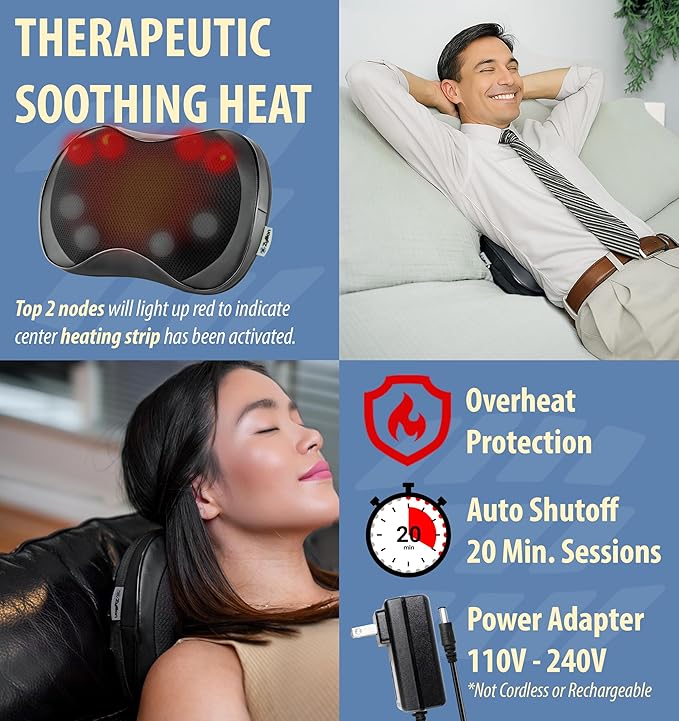 Zyllion Shiatsu Back and Neck Massager with Heat - 3D Electric Kneading Deep Tissue Massage Pillow with 8 Massaging Nodes for Muscle Pain Relief Black ZMA-25
