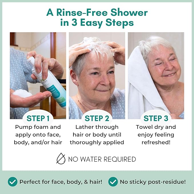 Nurture Rinse Free Body Wash &amp Shampoo w/Aloe | Hospital Grade Hair &amp Body Waterless Cleansing Foam | Women Camping Elderly &amp Hospital Patients | Shower Bath Hand Soap for Sensitive Dry