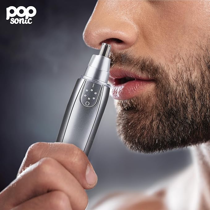 Ear and Nose Hair Trimmer for Men &amp Women (Silver) – Battery Operated Precision Trimmer for Unwanted Hair – Washable Detailer Trimmer w/ Detachable Blade &amp Flat Base – Portable Grooming Tools