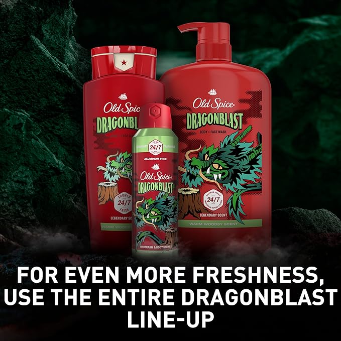 Old Spice Aluminum Free Body Spray for Men 24/7 Odor Protection 24/7 Lasting Fragnance &amp Freshness Cologne Quality Scent Dragonblast with Warm Woodsy Scent 5.1 oz (Pack of 3)