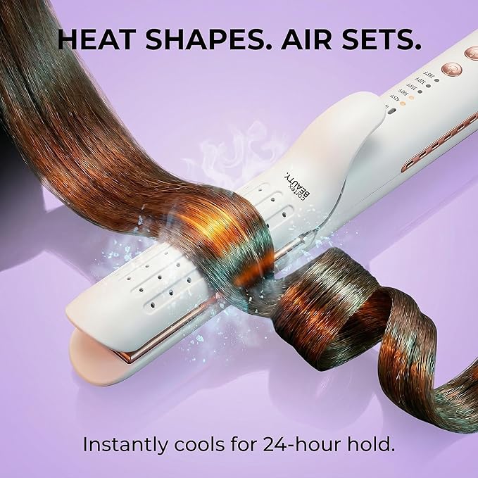 Cortex Beauty 360° Airflow Styler Curling Iron | 2-in-1 Hair Straightener and Curler with Cool Air Flow Vents | Professional Flat Iron with Ionic Wand to Lock in Curls for Long &amp Short Hair White