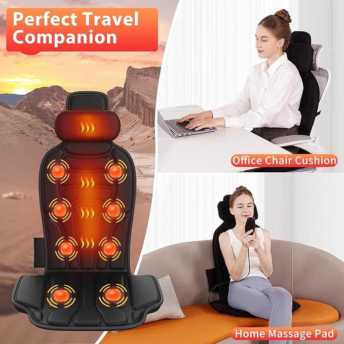 Massage Cushion Bundle with Heat — Full-Body Vibration Seat Massager + Targeted Pad for Back &amp Waist Relaxation Set for Office Chair Home Use or Gifts