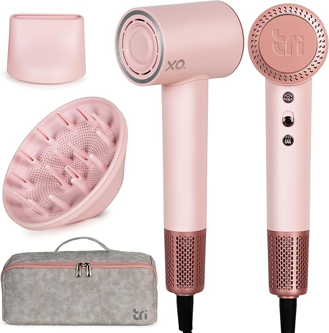 Ionic Hair Dryer with Diffuser for Curly Hair Quiet Professional Fast Drying Blow Dryer for Thick Hair with 2 Magnetic Attachments for Home Salon or Travel Tri Technology XO - Rose Gold/Pink