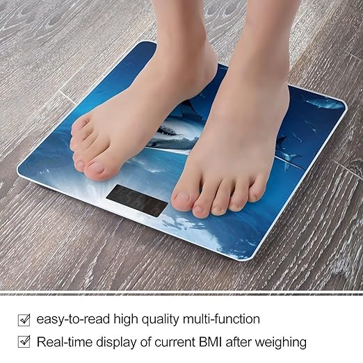 Ocean Sea Animal Shark Weight ScaleClear LED Display Bathroom Digital Weighing ScaleTempered Glass Digital Bathroom Scale for Body Weight Capacity Up to 400 Lbs