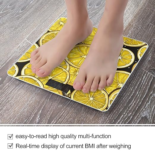 Sliced Lemon Wallpaper Scale for Body Weight Anti-Slip Digital Bathroom Scale Sturdy Toughened Glass Weighing Scales High Precision Safe Rounded Corners Smart Scales