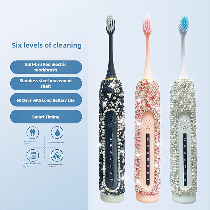 Electric Toothbrush for Woman Bling Diamond Decor Portable Travel Essentials for Couple Gifts Toothbrush with 3 Replacement Heads 6 Modes（Silver &amp Black