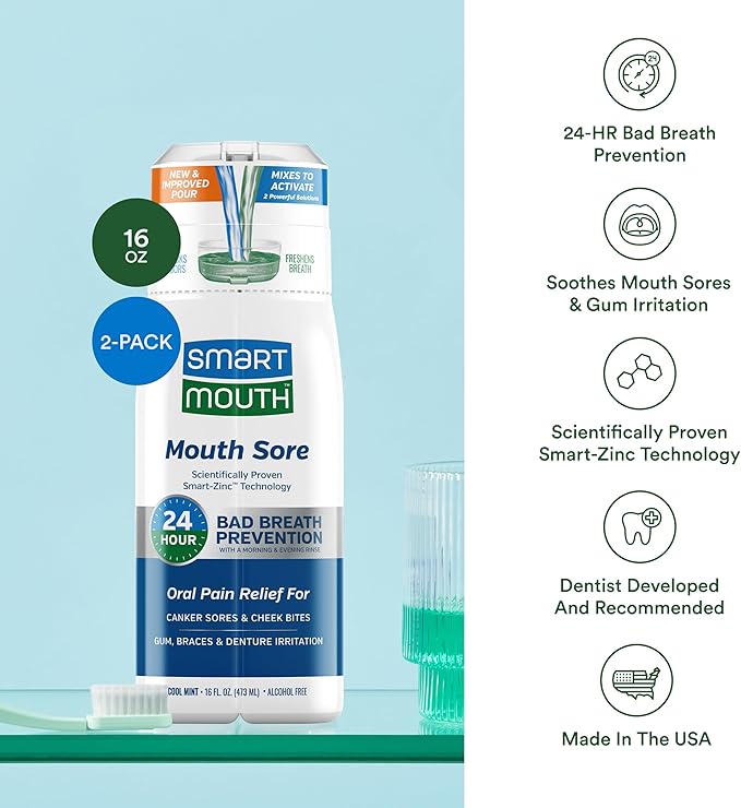 SmartMouth Mouth Sore Activated Mouthwash - Aid Against Canker Sores &amp Irritation - 16 Fl Oz 2 Pack Cool Mint