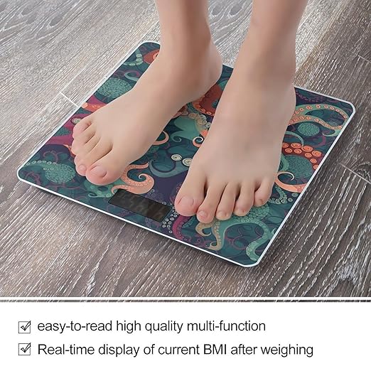 Abstract Octopus Scale for Body Weight High Precision Digital Weight Scales with LCD Display Anti-Slip Sturdy Slim Tempered Glass Bathroom Scale for Home Use