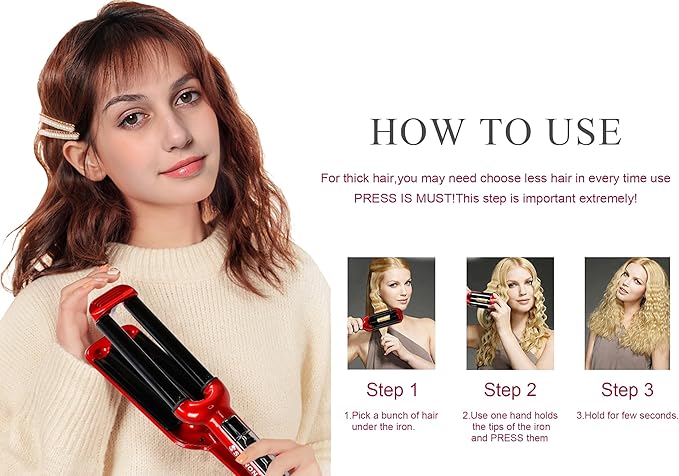 Mannice Ceramic Hair Iron 3 Barrel Curling Iron 0.6 inch / 16mm Perm Instant Curls Hair Crimper and Wavers Red (8 inches) Ideal Gift for Valentine's Day or Mother's Day