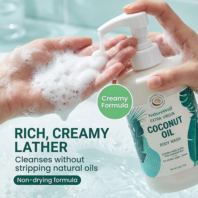 NATURE WELL Extra Virgin Coconut Oil Ultra-Moisturizing Body Wash Gentle &amp Creamy Formula Packed with Antioxidants Vitamins A C &amp E &amp Squalane Provides Gentle Cleansing &amp Intense