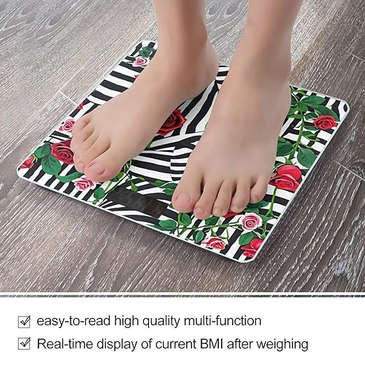 Black White Stripes Red Rose Flowers Scale for Body Weight Smart Scales Digital Bathroom Scale High Precision Weighing Scales with Large Display Weighing Machine for People