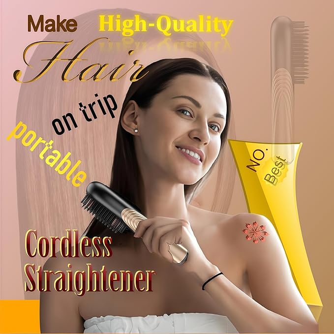 Go Brush Pro Cordless Hair Straightener Brush - Portable Travel-Friendly 30s Quick Heat 10000mAh USB-C Rechargeable 150M Negative Ions (Strai-Grey)