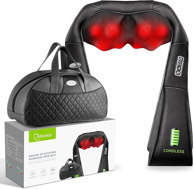 cotsoco Cordless Shiatsu Neck and Shoulder Massager with HeatPortable Massagers for Neck and Back3D Deep Tissue Kneading Back Massager for Muscle Pain ReliefPerfect Gifts for Men and Woman