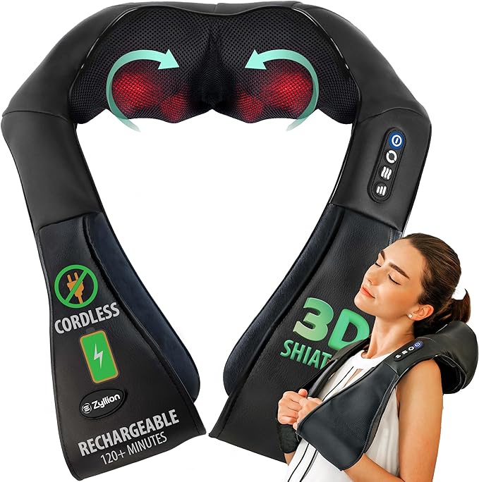 Zyllion Shiatsu Neck and Back Massager with Heat - Cordless Rechargeable 3D Electric Kneading Deep Tissue Massage for Muscle Pain Relief Black ZMA-28RB