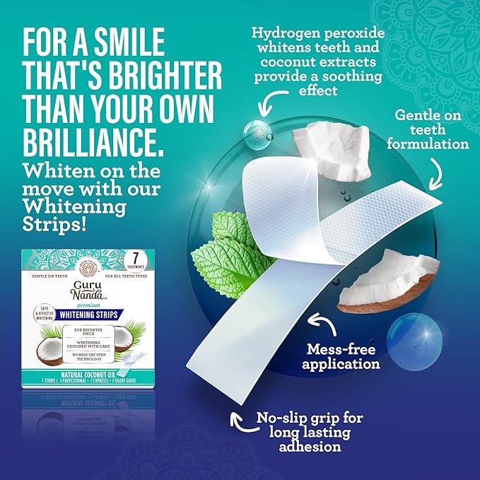 GuruNanda Total Smile Makeover Kit Regular with Cocomint Oil Pulling Dual Barrel Whitening Mouthwash Whitening Strips &amp Butter on Gums Toothbrushes