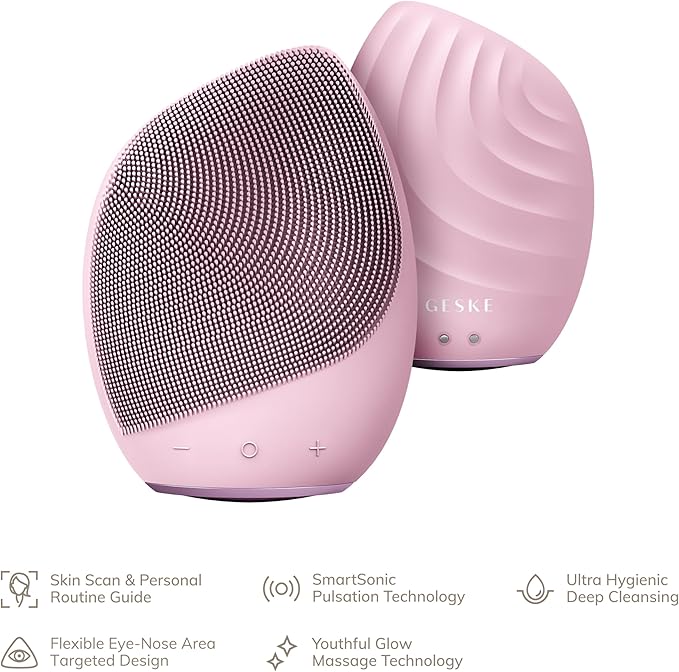 GESKE SmartAppGuided™ Sonic Facial Brush 5 in 1 | Vibrating Electric Facial Cleansing Brush | Soft Silicone Brush | Professional Facial Cleanser | Skin Cleanser &amp Exfoliator | Face Massager