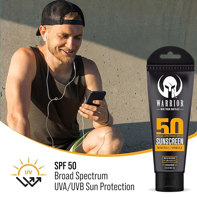 Warrior SPF 50 Sunscreen Lotion (2 Pack) - Reef Safe Unscented Lotion Water Resistant - 3 Fl. Oz Each - Carabiner Clip for Travel Products and More