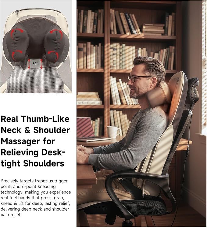 Elite Shiatsu Back &amp Neck Massage Chair Pad/Seat Cushion with Heat – 4D Kneading Vibration Compression Motorized Neck Height Lumbar Airbag Massage Premium Upholstery Deep Tissue Office Gra
