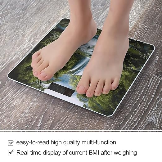 Waterfall Landscape Painting Scale with LCD Easy-to-Read Anti-Slip Weight Digital Bathroom Scale Precision Weighing Scales Sturdy Tempered Glass Body Weight Scales for Daily Use