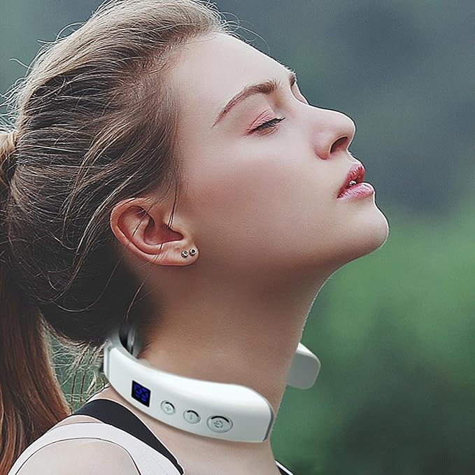 Electric Neck Massager Battery-Powered Portable Massage Tool for Neck Muscle Relaxation Personal Massager for Women and Men Lightweight Gray and White