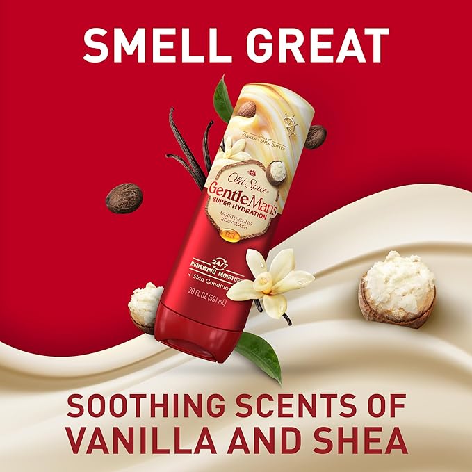 Old Spice Body Wash GentleMan’s Super Hydration for Men 24/7 Renewing Moisture Gentle on Skin with Skin Conditioners Vanilla + Shea Butter Scent 20 oz (Pack of 4)
