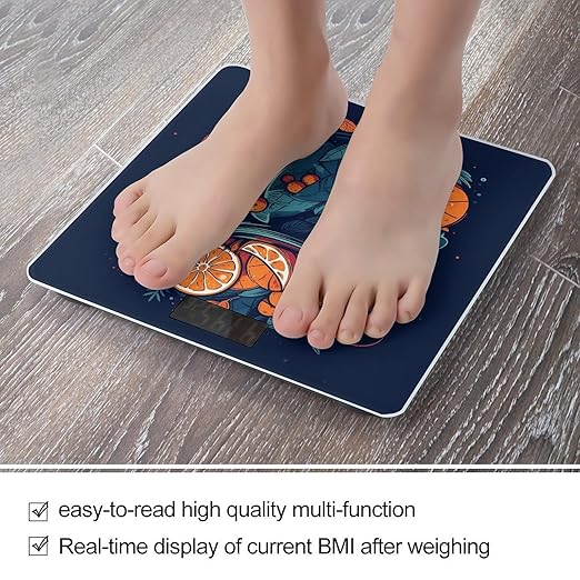 Hand Drawn Fruit Pattern Scale for Body Weight Precision Bathroom Weighing Scales with Back Lit LCD Display Sturdy Tempered Glass Body Weight Scales Digital Bathroom Scale 400lb