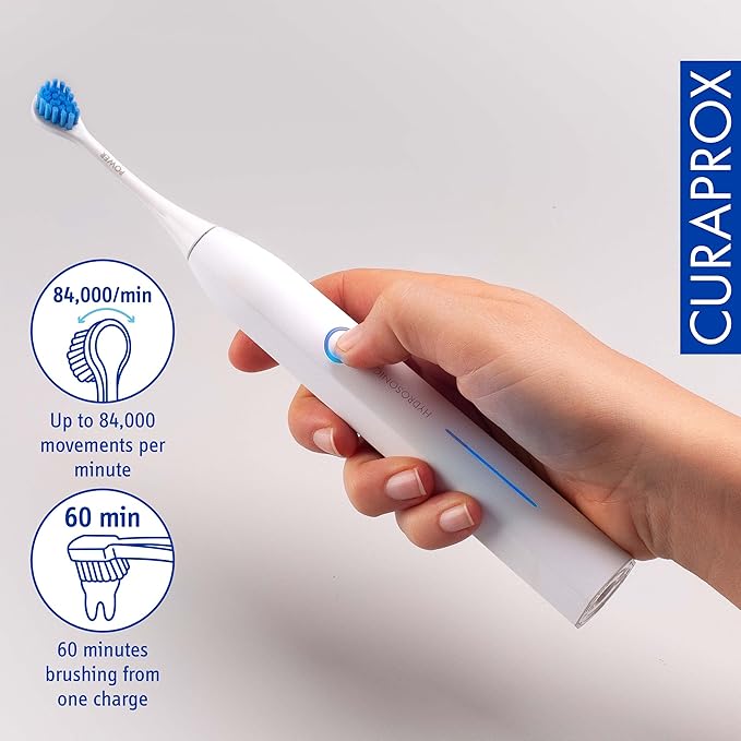 Curaprox Hydrosonic Pro Sonic Toothbrush – for Sensitive Teeth Implants and Braces | Professional Cleaning at Home | Set with Three Brush Heads