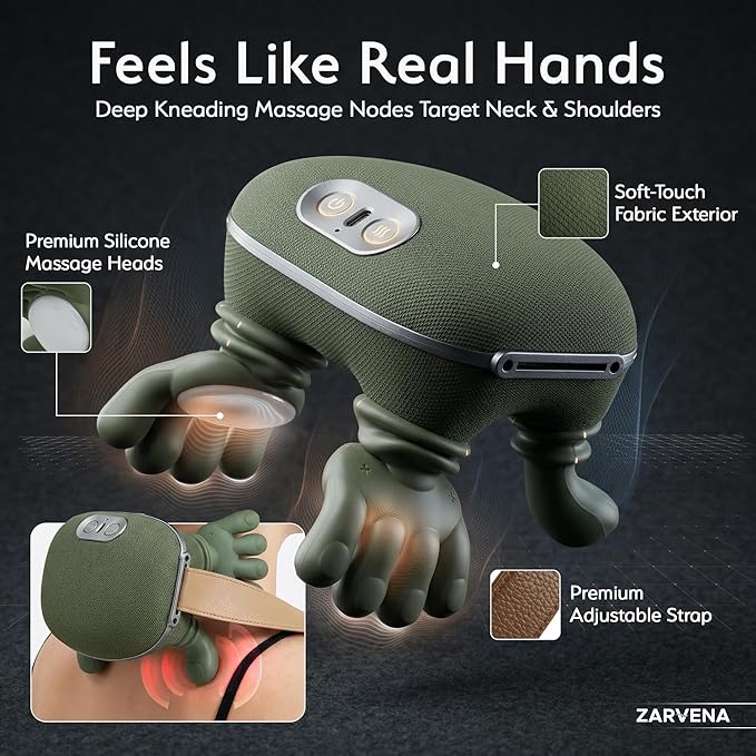 Neck Massager with Heat for Pain Relief – Shoulder &amp Neck Massager with Hands Simulated Human Hand Massager Deep Tissue Shiatsu Cordless Portable Neck Massager with Adjustable Strap