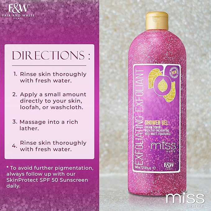 FAIR &amp WHITE Miss White Exfoliating Shower Gel 940ml/31.8 Fl Oz - Formulated to Exfoliate Skin with Pomegranate and Glycerin