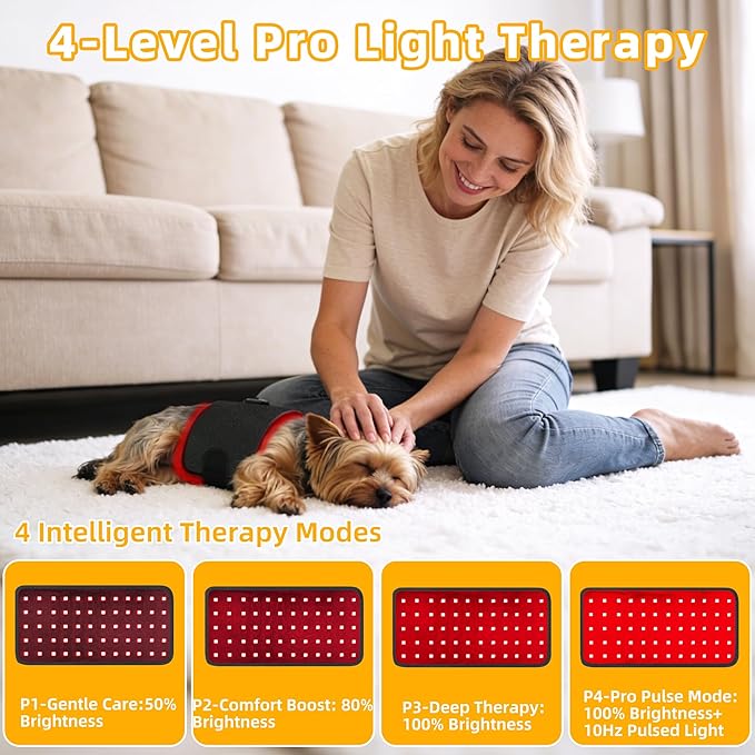 Pets Upgraded Red Light Therapy Belt LED Infrared Therapy with 4 Modes &amp 4 Adjustable Timer 60 LEDs 660nm &amp 850nm Red Light LED Screen Pet Muscle Recovery Light for Joint Relief