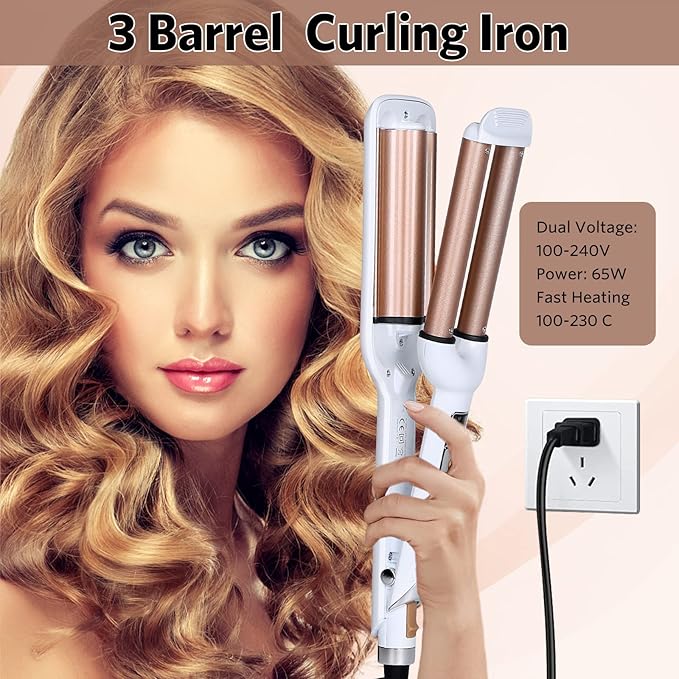 3 Barrel Hair Crimper Iron Professional Curling Wand 0.6 Inch Ceramic Fast Heating Crimping Iron for Deep Waves Valentines Gifts